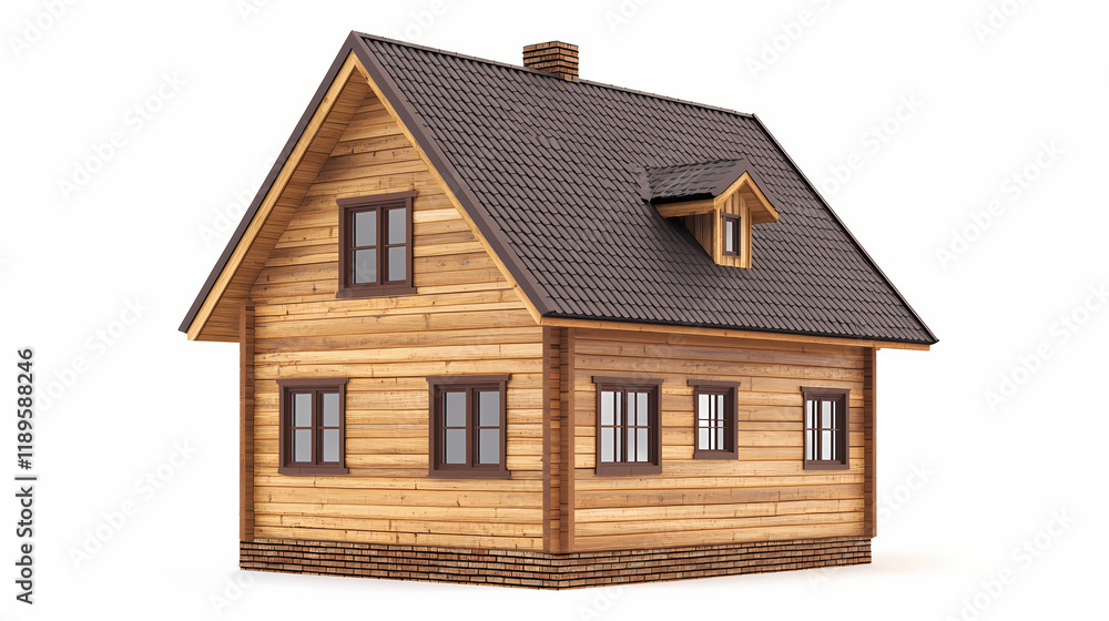 Modern wooden house with asphalt shingle roof. 3d illustration. Moonshard. Illustration Modern wooden house with asphalt shingle roof. 3d illustration. Moonshard. Illustration