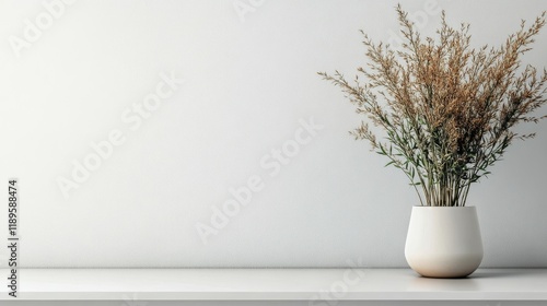 Modern interior design with a minimalist vase and dried flowers on a clean su...