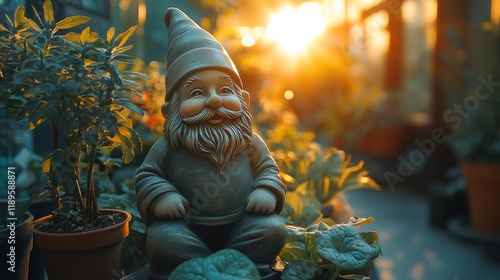 Garden gnomes standing side by side in a vibrant outdoor setting during golde...
