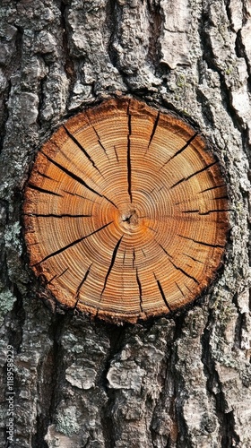 Detailed Cross-Section of Tree Trunk Against Textured Bark Background photo