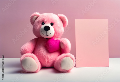 teddy bear with heart and blank sign against gradient simple blurry background ideal to add text