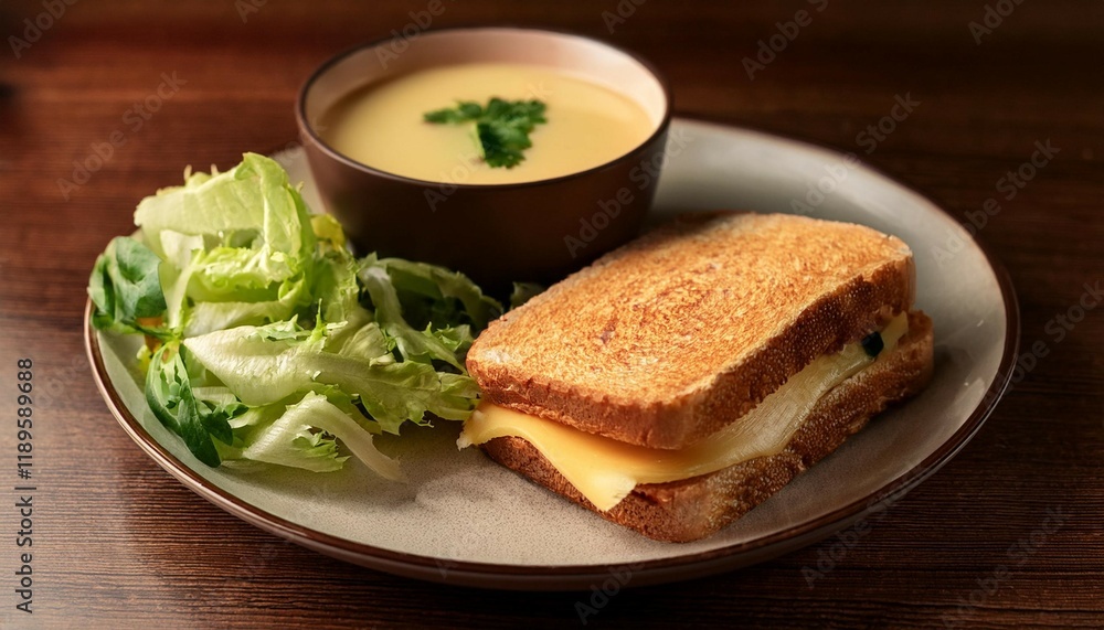 delicious sandwich with cheese and greens accompanied by a bowl of soup and salad