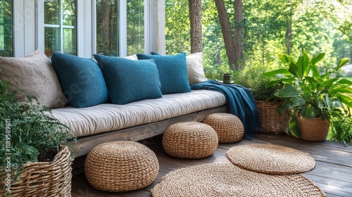 Stylish straw hats resting on a cozy seating area surrounded by lush greenery...