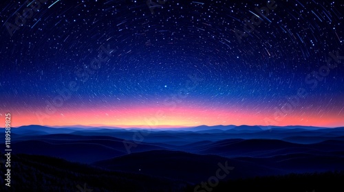 Night sky filled with star trails above a forest in peaceful twilight