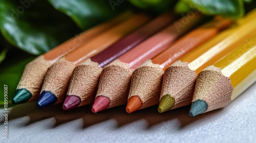 Colorful colored pencils arranged in a line on white paper during daylight hours