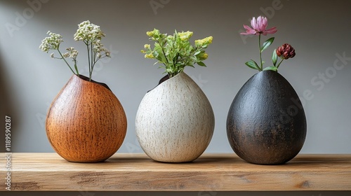 Elegant wooden vases showcasing minimalist design with decorative flowers pla...