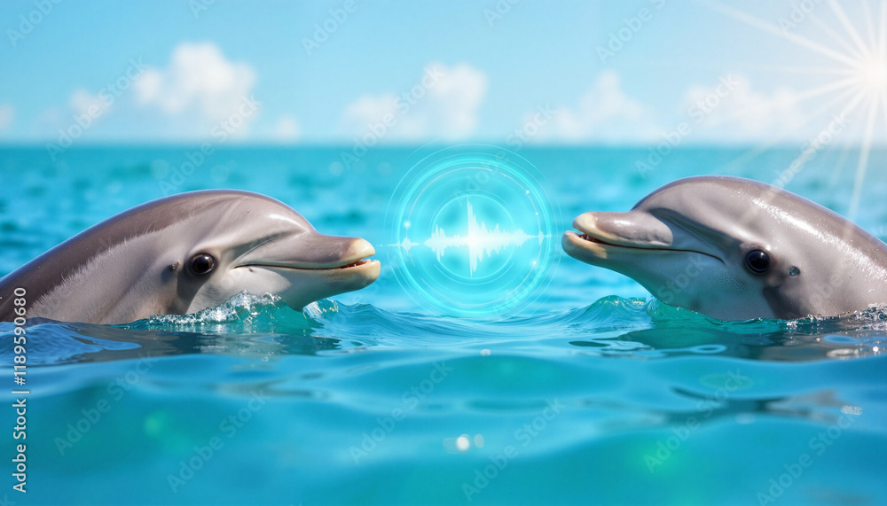 Naklejka premium Dolphins detecting sound frequencies in open ocean, aquatic intelligence