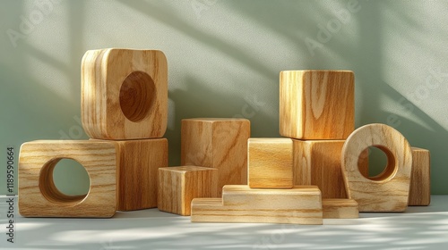 Wooden blocks arranged creatively on a light surface showcasing texture and s...