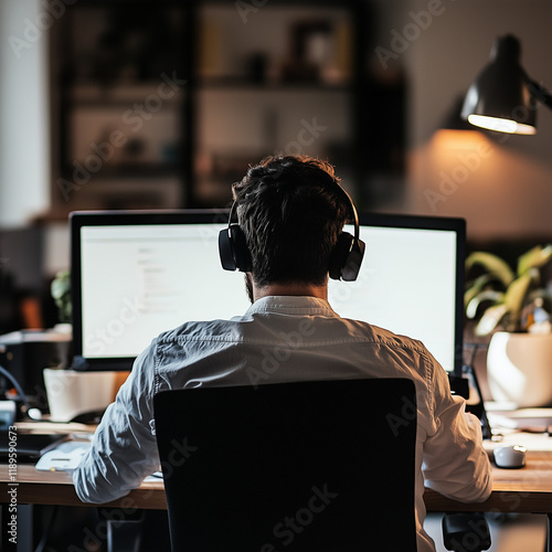Back view of man in headphones working on dual monitors in modern office. Perfect for themes like remote work, software development, tech support, freelancing, productivity, or digital workplace
