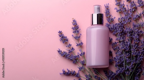 Lavender essential oil bottle surrounded by dried flowers on a soft bokeh bac...