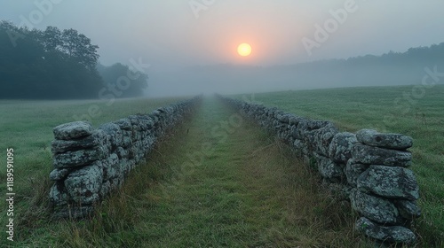 Misty morning landscape with vibrant autumn tree and rustic stone wall