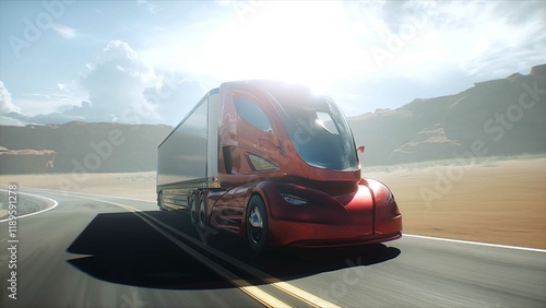 Red futuristic electric truck very fast driving on desert highway. Logistic, future concept. 3d rendering.