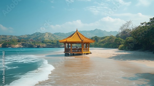 Relaxing gazebo on a sandy beach at sunset with vibrant colors in the sky and...