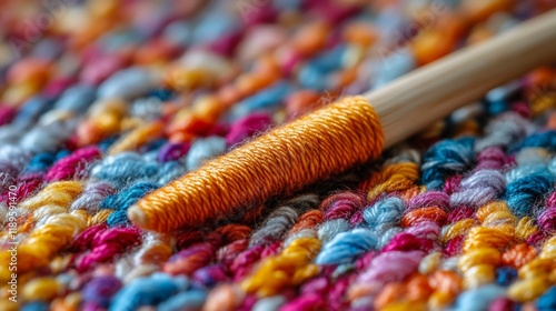 Vibrant yarn and crochet hook on a colorful handmade blanket in a cozy crafti...