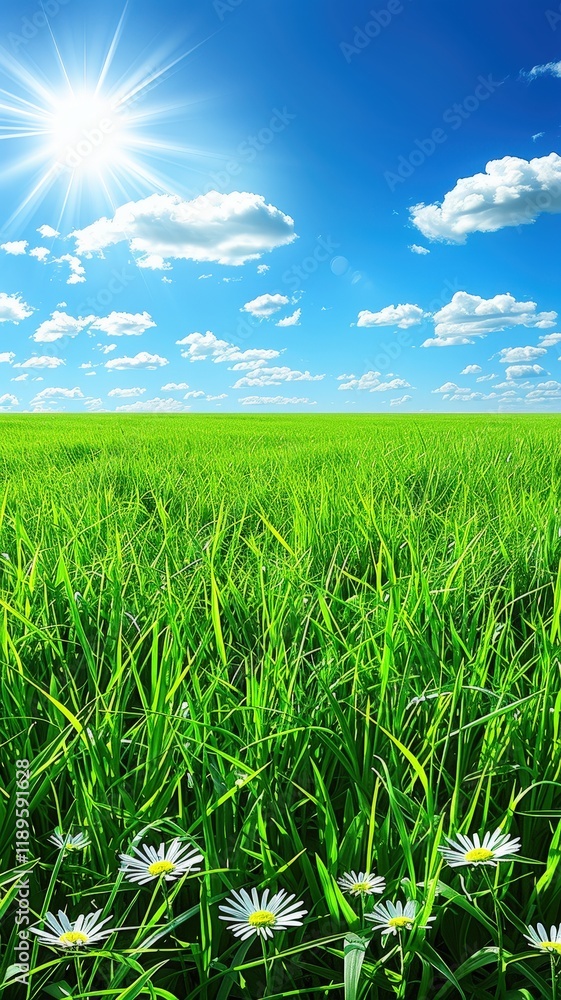 Fototapeta premium A field of green grass with a few white flowers in the foreground