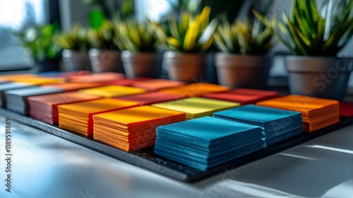 Bright office workspace with colorful plants and sticky notes for creativity ...