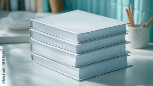 Layered blue notebooks stacked in various shades on a clean white surface
