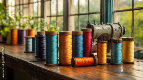 Vintage orange sewing machine with colorful threads and floral fabric pieces ...