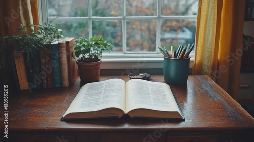 Open book on a wooden table surrounded by plants and a backdrop of bookshelve...