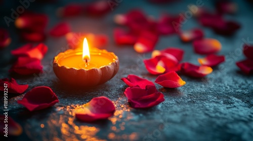 Decorative oil lamp surrounded by rose petals creating a warm atmosphere duri...