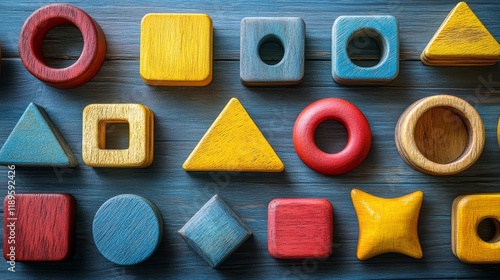 Colorful wooden shapes arranged artfully on a dark wooden surface for creativ...