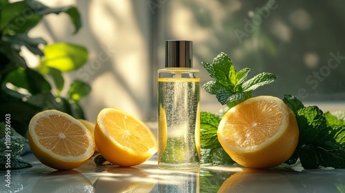 Fresh mint and lemon arranged with a cosmetic bottle on a marble surface