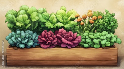 Vibrant vegetable garden box with assorted greens and herbs growing in sunlight