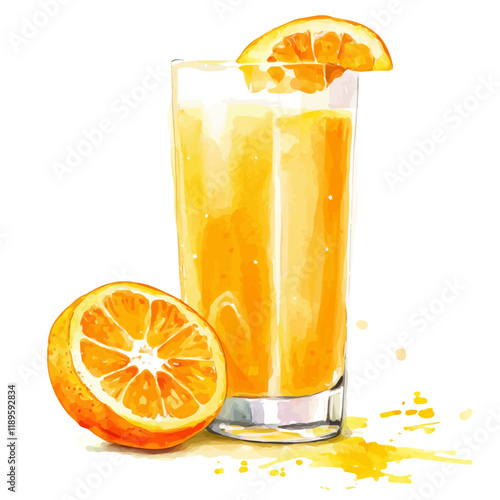 A watercolor vector of an Orange juice, isolated on a white background. Orange juice vector.
