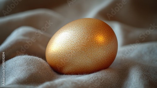 Decorative egg with golden specks resting on soft fabric in natural light