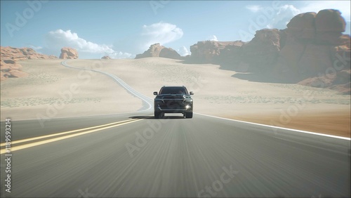 3d model luxury black car on desert highway. Very fast driving. 3d rendering.