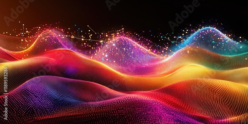 Vibrant Digital Waves with Sparkling Particles in Abstract Landscape