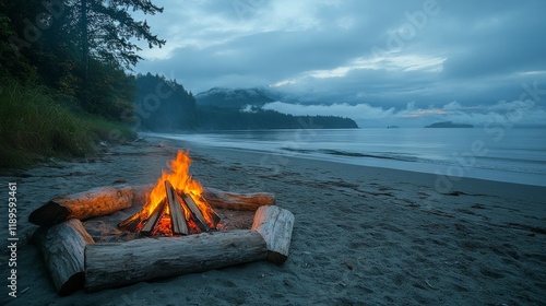 Campfire glowing on a serene beach at twilight surrounded by lush trees