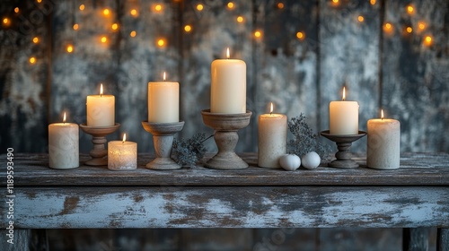 Candles illuminate a wooden table in a cozy indoor setting with plants and so...