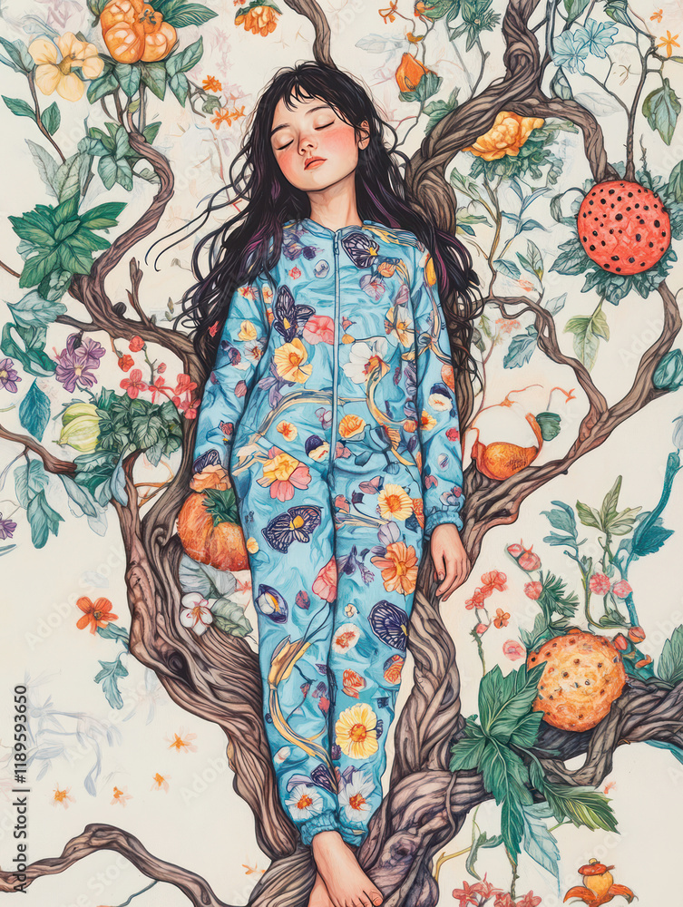 Fototapeta premium girl in colorful pajamas lies peacefully among flowers and fruits, surrounded by nature beauty. Her serene expression reflects tranquility and harmony
