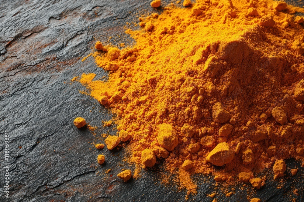 Crushed curry powder scattered in a light circle, deep yellow-orange hues, top view Crushed curry powder scattered in a light circle, deep yellow-orange hues, top view