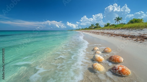 Serene beach landscape with clear turquoise waters and gentle waves in a trop...
