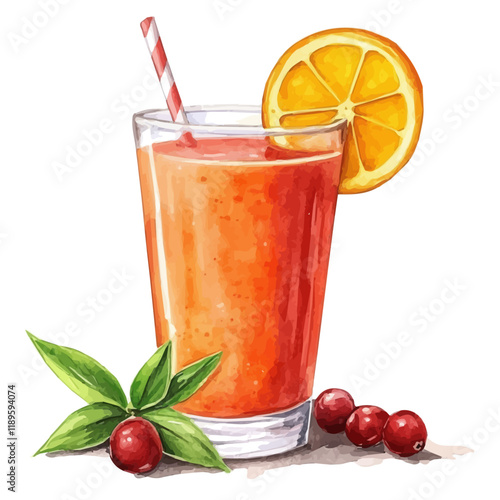 A watercolor painting of an Orange Cranberry juice, isolated on a white background. Orange Cranberry juice vector.
