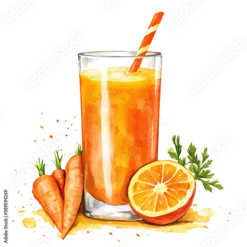 A watercolor of an Orange Carrot juice, isolated on a white background. Orange Carrot juice vector.
