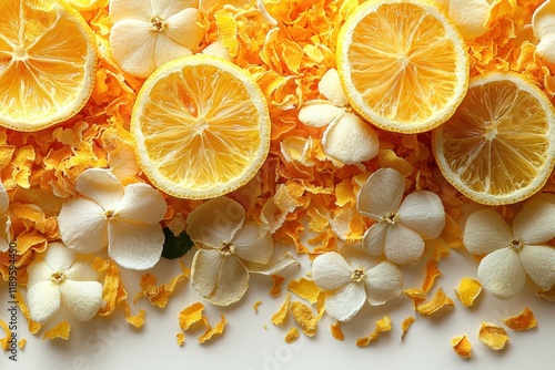 Lemon zest scattered finely, showcasing a pale yellow color, clean cutout against a white background for a fresh, vibrant look. photo