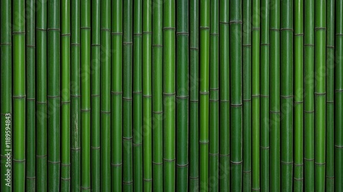 Full frame close up view of vertical bamboo fence. Natural green bamboo stalks form textured wall. Natural pattern of bamboo structure. Ideal for eco design projects nature backdrops. Sustainable, photo