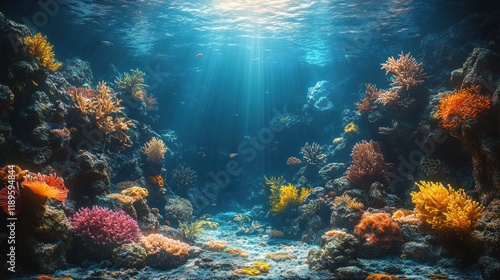 Wallpaper Mural Vibrant underwater coral reef scene with sunlight rays penetrating the water, showcasing diverse colorful coral formations and various fish species. Torontodigital.ca