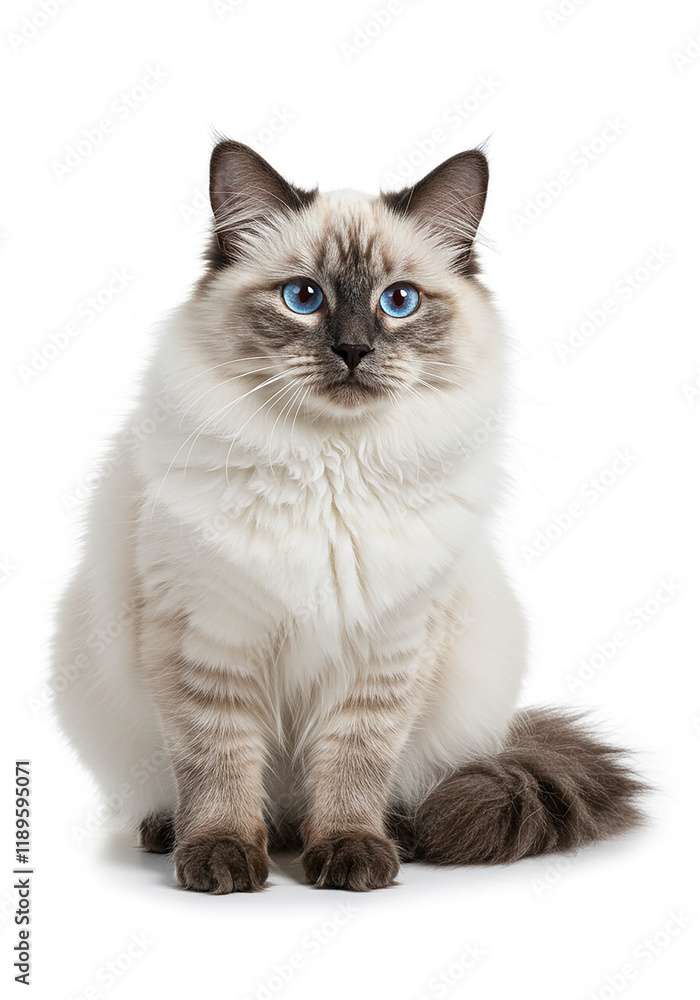 Obraz premium Adorable Fluffy Longhair Cat with Striking Blue Eyes Sitting Pose White Background