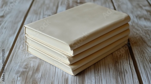 Stack of blank books on wooden table for creative writing or journaling