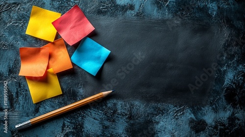 Blackboard with colorful sticky notes and a pencil placed on a textured backg...