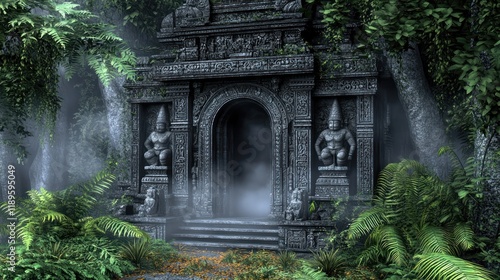 Mysterious Ancient Stone Temple Surrounded by Lush Jungle and Enigmatic Mist