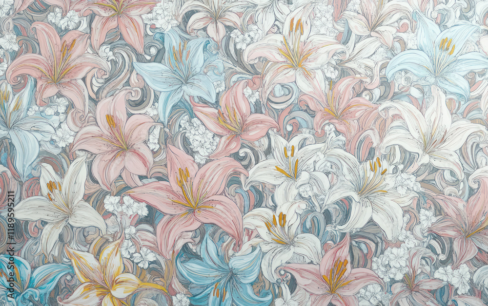 Beautiful floral pattern featuring lilies and roses in soft pastel colors, creating serene and elegant atmosphere. intricate design showcases blend of pink, white, and blue flowers Beautiful floral pattern featuring lilies and roses in soft pastel colors, creating serene and elegant atmosphere. intricate design showcases blend of pink, white, and blue flowers