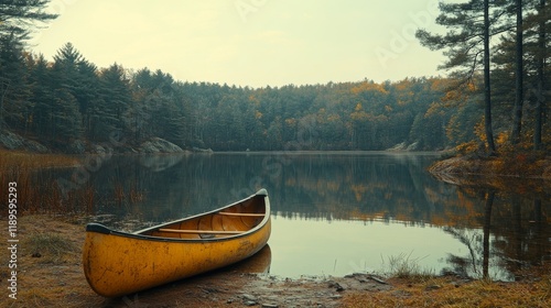 Canoeing on a tranquil lake surrounded by mountains with clear blue water and...