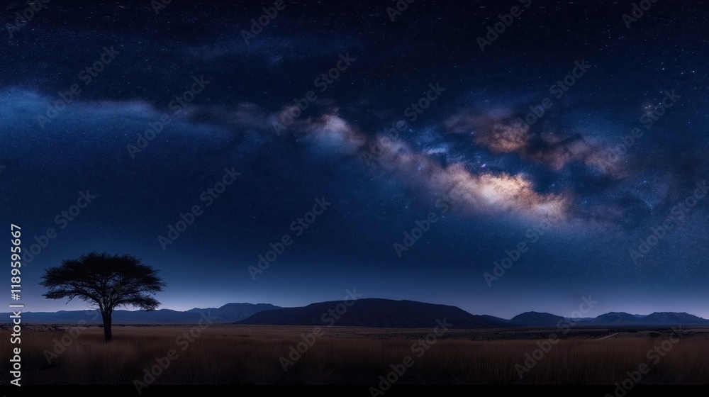 Naklejka premium Dark desert landscape under vast starry night sky. Milky Way galaxy stretches across inky black sky. Silhouette of lonely tree stands in flat field, against dark mountains. Silent, peaceful scene.