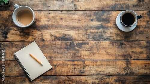 Create a cozy workspace with plants, a coffee cup, and a notebook on a wooden...