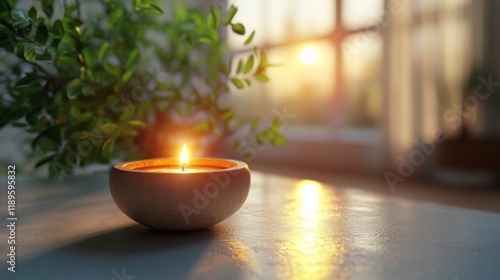 Beautiful diya glowing in garden during sunset with colorful flowers around photo